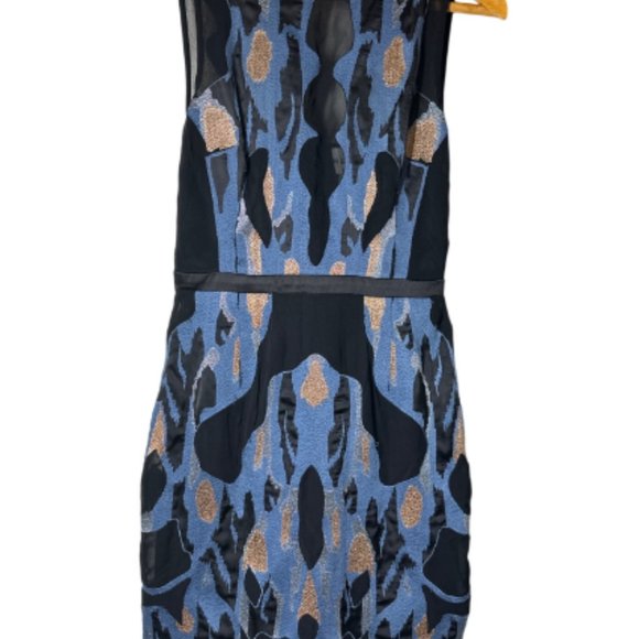 Reiss Sleeveless Mesh Black & Blue Swirl Sheath Dress - Picture 2 of 8